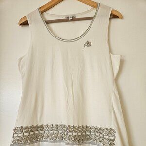 Escada Sport White & Silver Embroidered Scoop Neck Tank Top Size M
